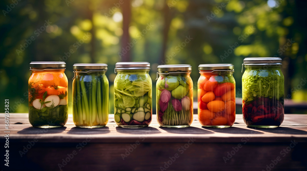 Set of glass jars or pots full of fresh organic and colorful vegetables from agricultural labor, placed on a wooden table in nature, on a sunny day.  Pickled healthy vegetarian food, homemade products - obrazy, fototapety, plakaty 
