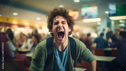 Young male student, teenage boy wearing a backpack, screaming from happiness in cafeteria. Last day of school concept, summer holiday, freedom from education photo