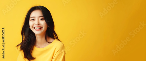 Beautiful Asian woman with long wavy hair and wearing yellow t-shirt smiling on yellow background