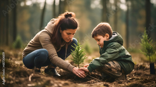 Mother and her young son planting a tree in the ground. Male child, boy working together with his mom in the garden, dirty hands from soil. Plant growing, environment ecology