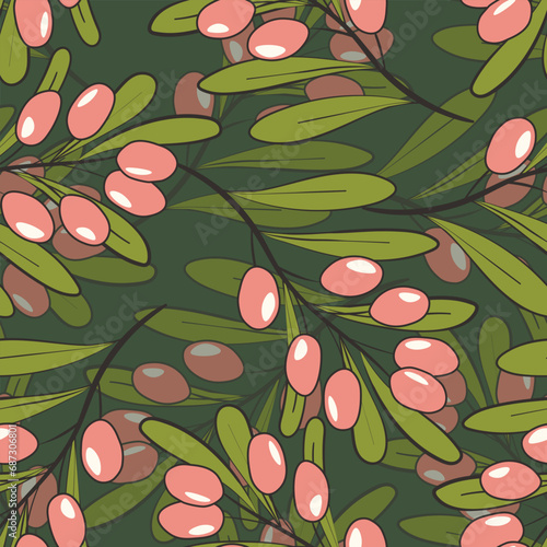 Seamless pattern with sea buckthorn. Natural fresh ripe tasty berries. Vector illustration for background, packaging, textile, fabric and various other designs