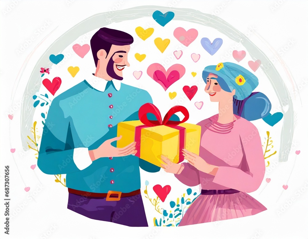 Smiling man and woman holding yellow present with red ribbon. On a background with hearts 