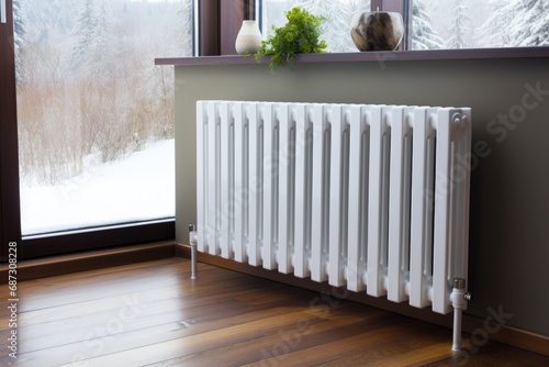 White heating radiator by the window with a winter landscape