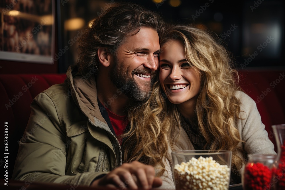 Joyful couple enjoying movie night in cinema with popcorn holding hands together