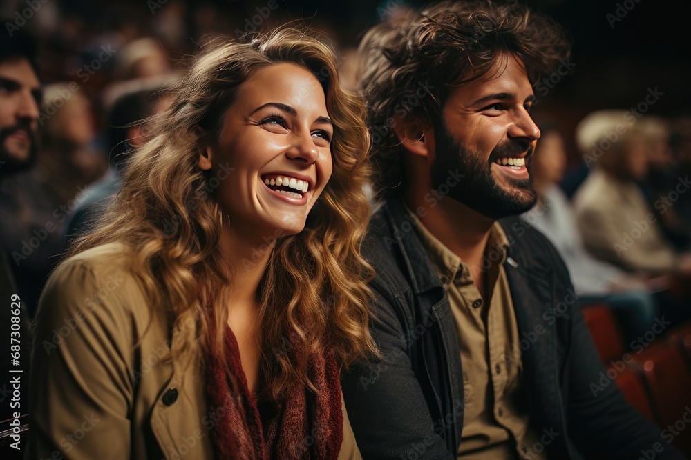 Cheerful couple enjoying a live performance in the vibrant atmosphere of a concert hall Cheerful couple enjoying a live performance in the vibrant atmosphere of a concert hall