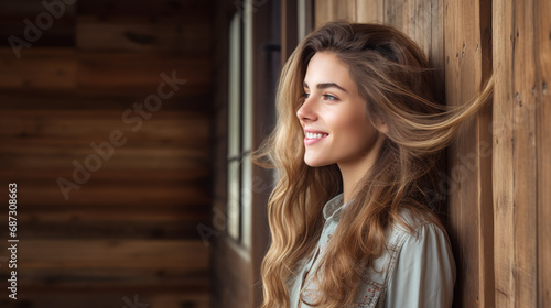 Portrait of young european fashionable female model, shot from the side, smiling, looking to the side, vibrant rustic wood texture background