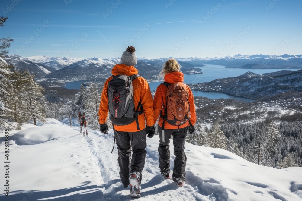 Couple in love enjoying winter beauty at delightful ski resort