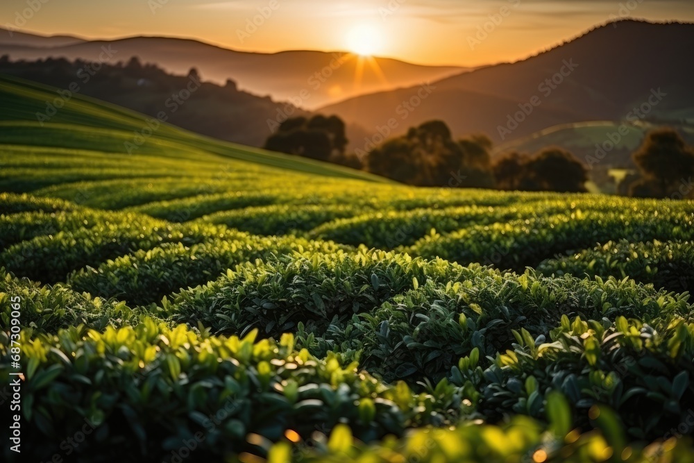 Expanses of tea plantations: Huge green fields of tea