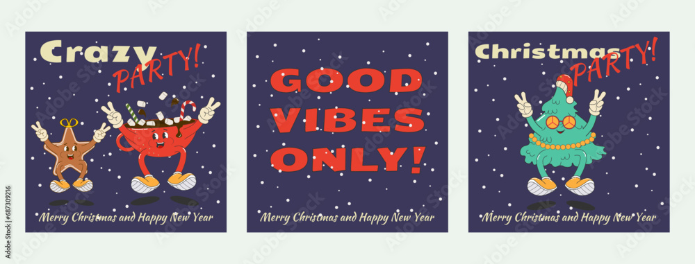 set of posters,invitations to a Christmas and New Year's party in a cartoon retro style. Funny characters: crazy cocoa with sweets and ginger cookies, groovy Christmas tree. Vector illustration