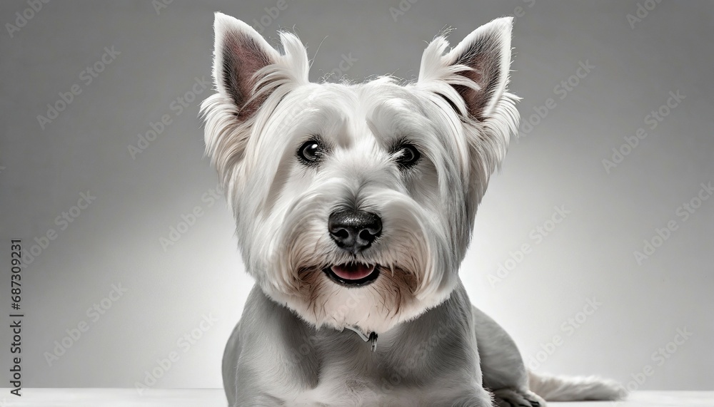 the west highland terrier dog in front of white studio background