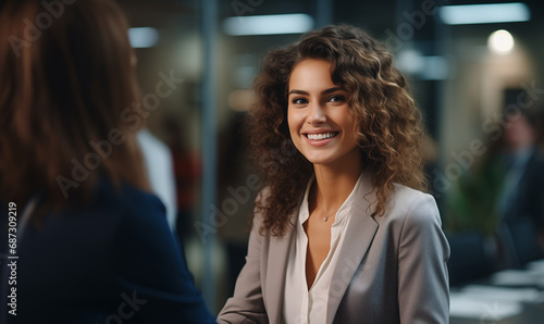 Bellissima donna manager sorridente con capelli lunghi in un moderno ufficio con abito elegante mentre incontra un cliente