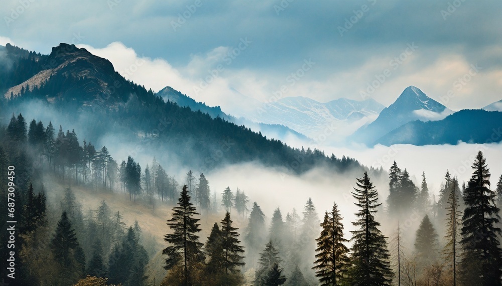 ai generated ai generative photo realistic illustration of mountains forest fog morning mystic graphic art