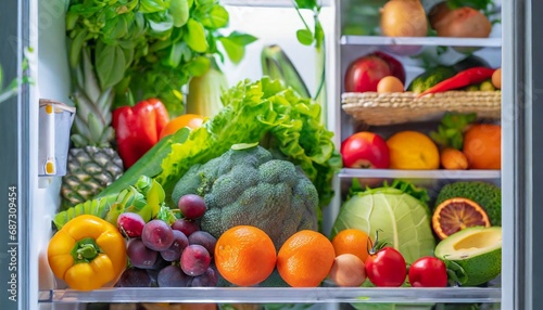 open fridge full of fresh fruits and vegetables vegetarian food healthy food background greenery organic nutrition health care dieting concept