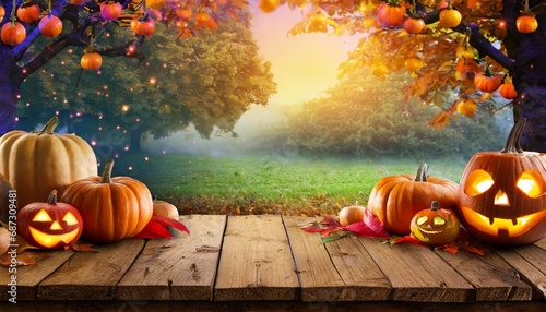 wooden table with pumpkins with halloween background