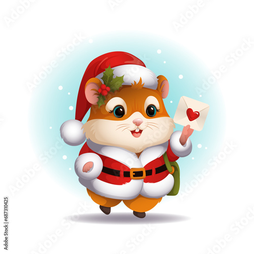 A cute smiling hamster postman in a Santa suit carries a letter. Santa's running helper. Children's vector illustration. Vector character. Christmas. Letter to Santa.