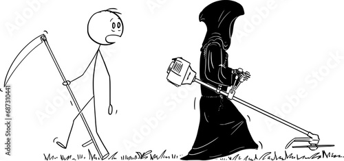 Grim Reaper or Death With Grass or Brush Cutter,Vector Cartoon Stick Figure Illustration