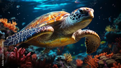 A magnificent giant golden sea turtle spreads its paws and swims in the blue sea. generative ai