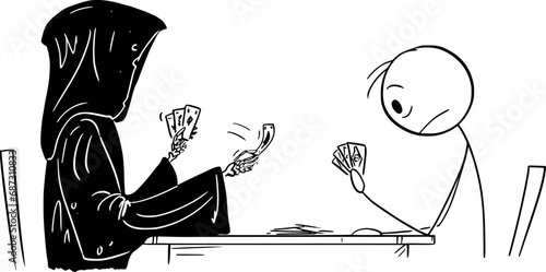 Person Playing Cards with Death or Grim Reaper, Vector Cartoon Stick Figure Illustration