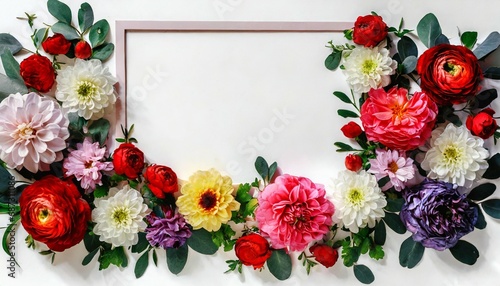 frame with colorful flowers on clear white background greeting card design for holiday mother s day easter valentine day springtime composition with copy space flat lay top view © Irene