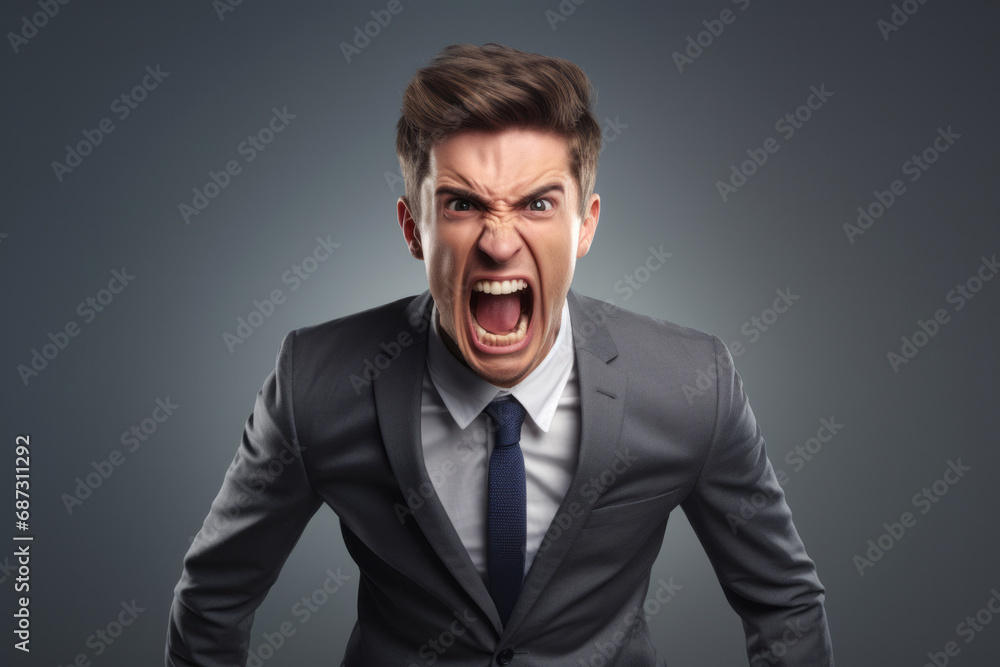 Young upset shouting young man or boss wearing classic suit attire isolated on light gray background.Angry boss.generative ai Young upset shouting young man or boss wearing classic suit attire isolated on light gray background.Angry boss.generative ai