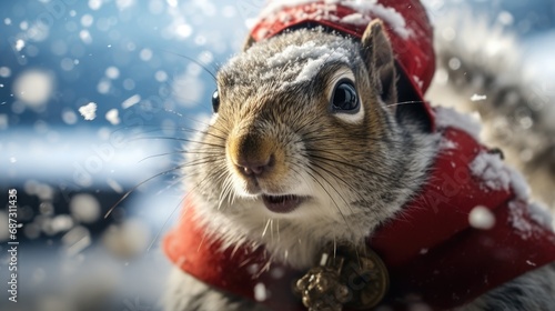 Cute squirrel red santa hat background snow postcard fluffy animals gift red winter photo