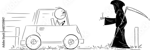 Death or Grim Reaper Hitchhiking Car, Vector Cartoon Stick Figure Illustration photo
