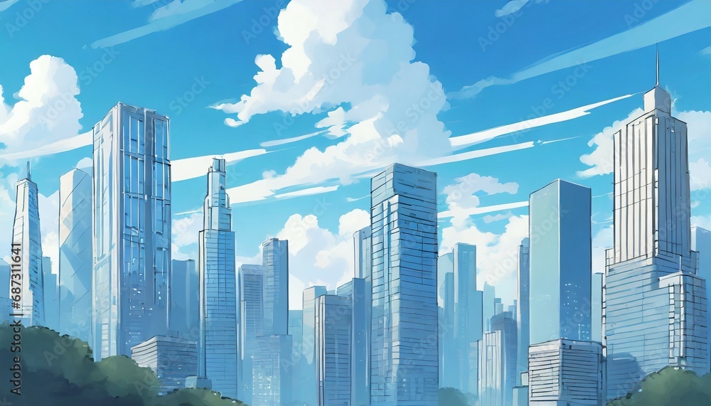 city skyline background anime style city sky scrapers blue clouds generated ai - obrazy, fototapety, plakaty 