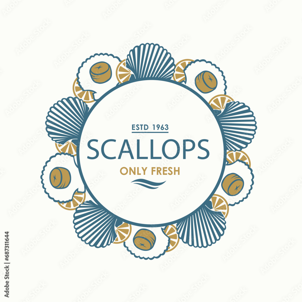 label of fresh scallop shell isolated on light background