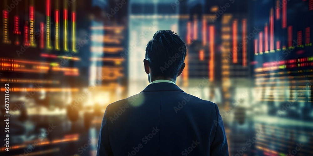 Back view of a stock crypto trader businessman looking at an out of focus blurred stock options index graph stock exchange background monitor - Generative ai Back view of a stock crypto trader businessman looking at an out of focus blurred stock options index graph stock exchange background monitor - Generative ai