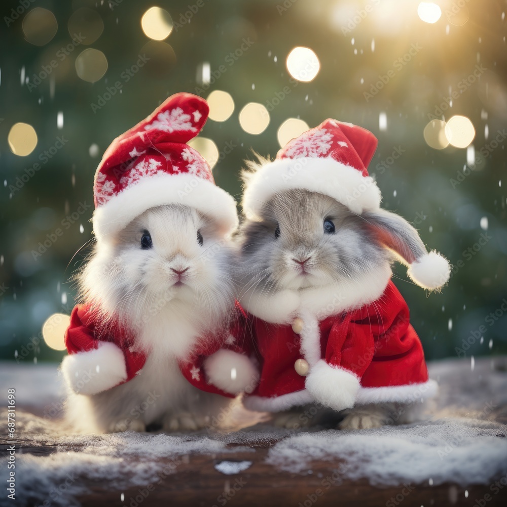 Cute rabbit hare red santa hat background snow postcard fluffy animals gift red winter photo Cute rabbit hare red santa hat background snow postcard fluffy animals gift red winter photo