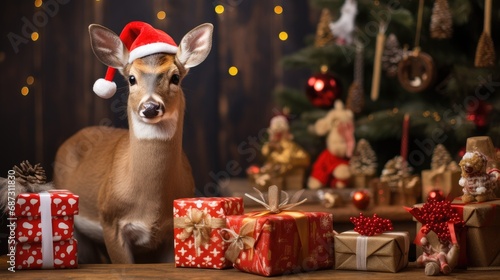 Cute deer red santa hat background snow postcard fluffy animals gift red winter photo © Wiktoria