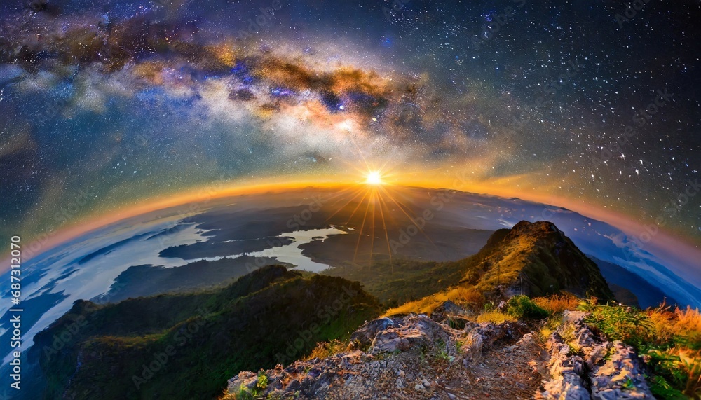 landscape with milky way galaxy sunrise and earth view from space with milky way galaxy elements of this image furnished by nasa