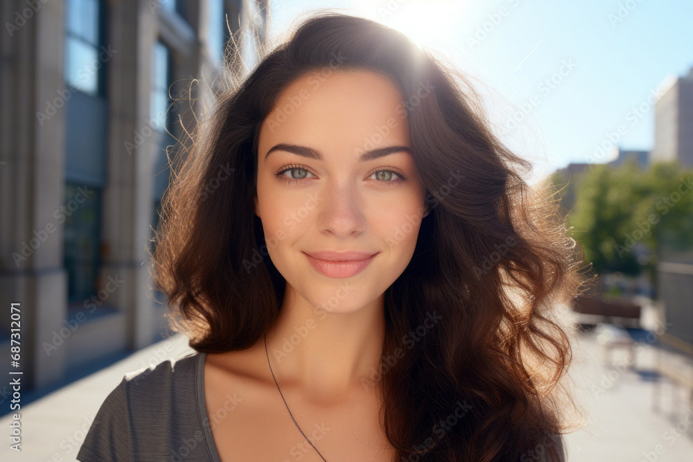 Close portrait of a smiling woman on the street with sun rays in the background.generative ai Close portrait of a smiling woman on the street with sun rays in the background.generative ai