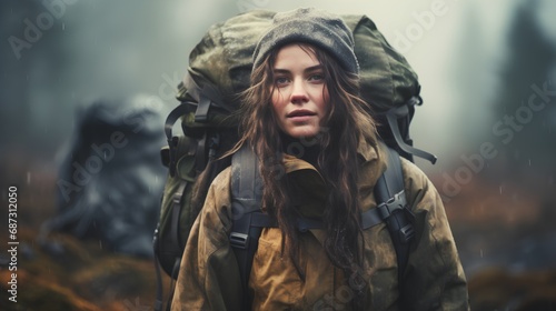 A photo of a resourceful female survival expert demonstrating survival skills in a wilderness setting, equipped for outdoor adventure and selfreliance. photo