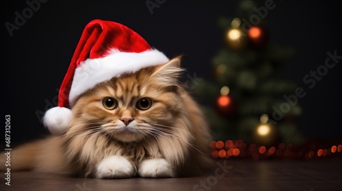 Adorable fluffy cat Santa hat sitting Christmas present box lights photo new year poster
