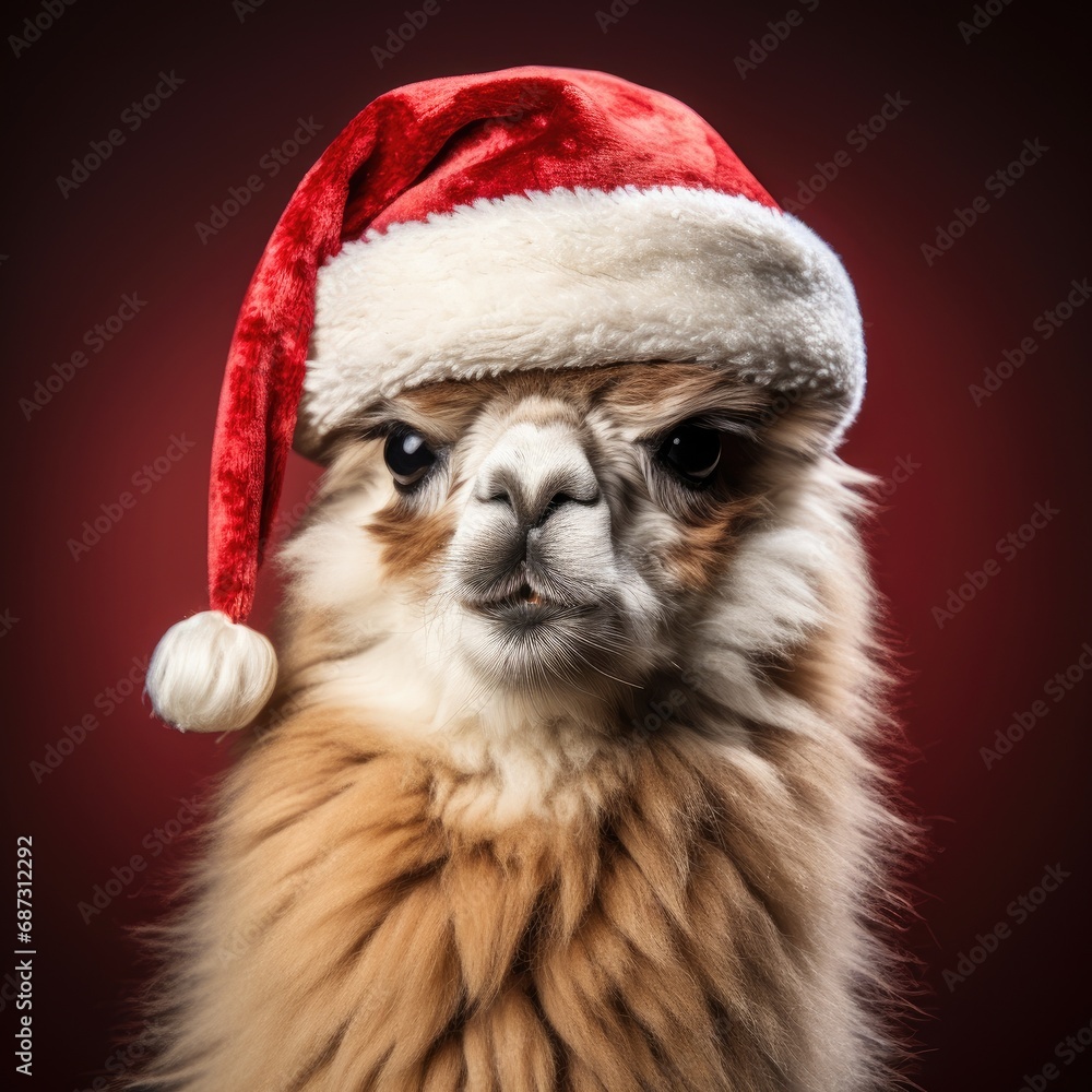 Cute llama wearing Christmas hat Posing red background funny looking santa new year clipart Cute llama wearing Christmas hat Posing red background funny looking santa new year clipart