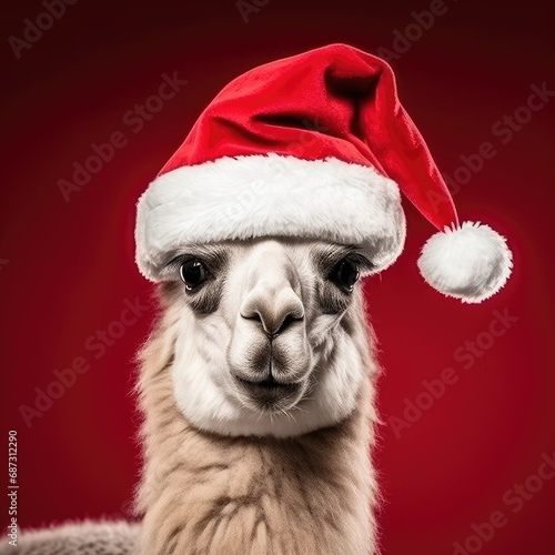 Cute llama wearing Christmas hat Posing red background funny looking santa new year clipart