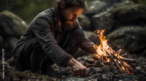 A rugged male adventurer skillfully uses a flint to ignite a fire amidst the wild, surrounded by dense forest under a clear sky, demonstrating survival techniques in the great outdoors.