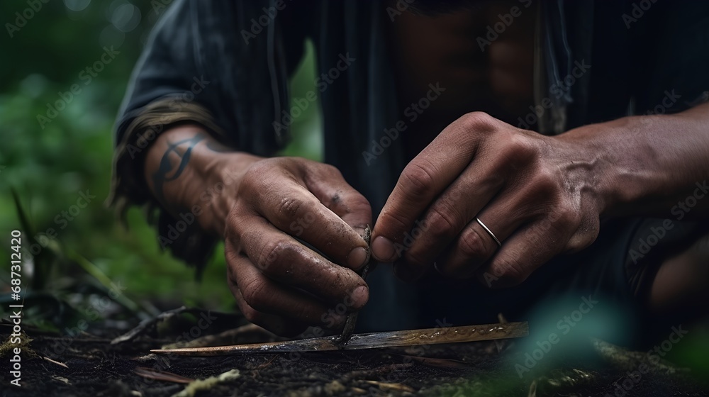 A rugged male adventurer skillfully uses a flint to ignite a fire amidst the wild, surrounded by dense forest under a clear sky, demonstrating survival techniques in the great outdoors. - obrazy, fototapety, plakaty 