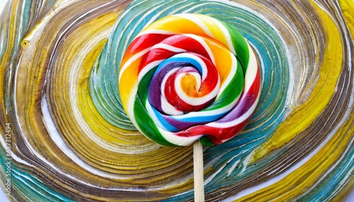 colorful rainbow lollipop swirl on wooden stick on white background photo