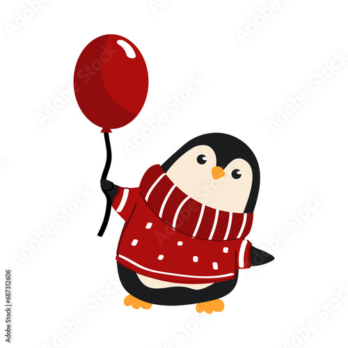 Cute penguin wearing a sweater and holding a red balloon.