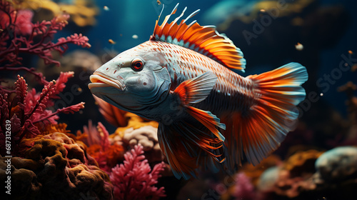 Adorable fish at coral reef underwater with sunlight shining through water. generative ai