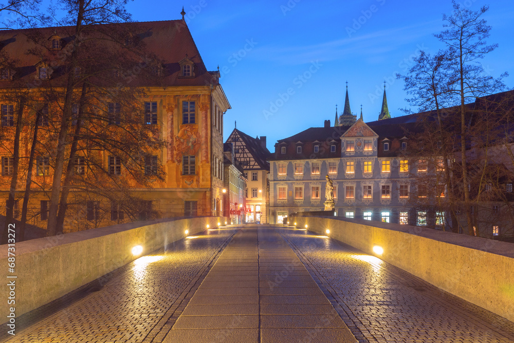 Bridge over Regnitz river in Old town at blue hour in Bamberg, Bavaria, Germany