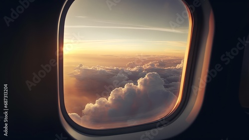 Airplane window view on a clouds and sunset outside of aircraft