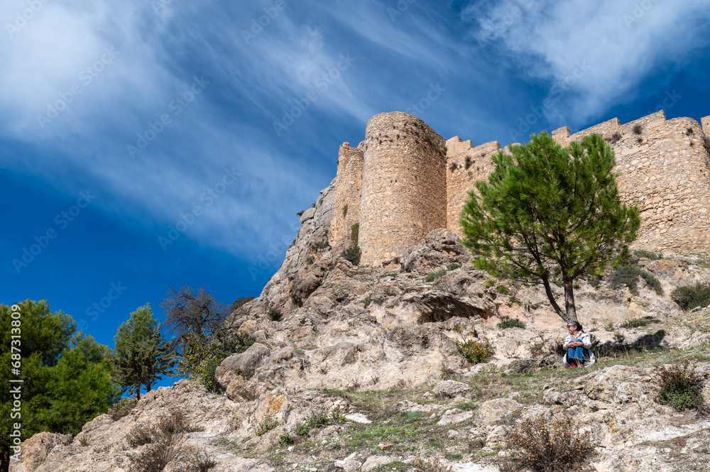 View of the fortified enclosure with the Cristo del Paño sanctuary and the remains of the Arab castle in Moclín (Spain)