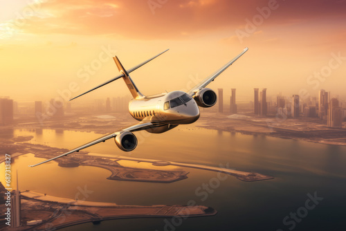 Private white luxury jet flying at sunset over a big city in the sky.generative ai