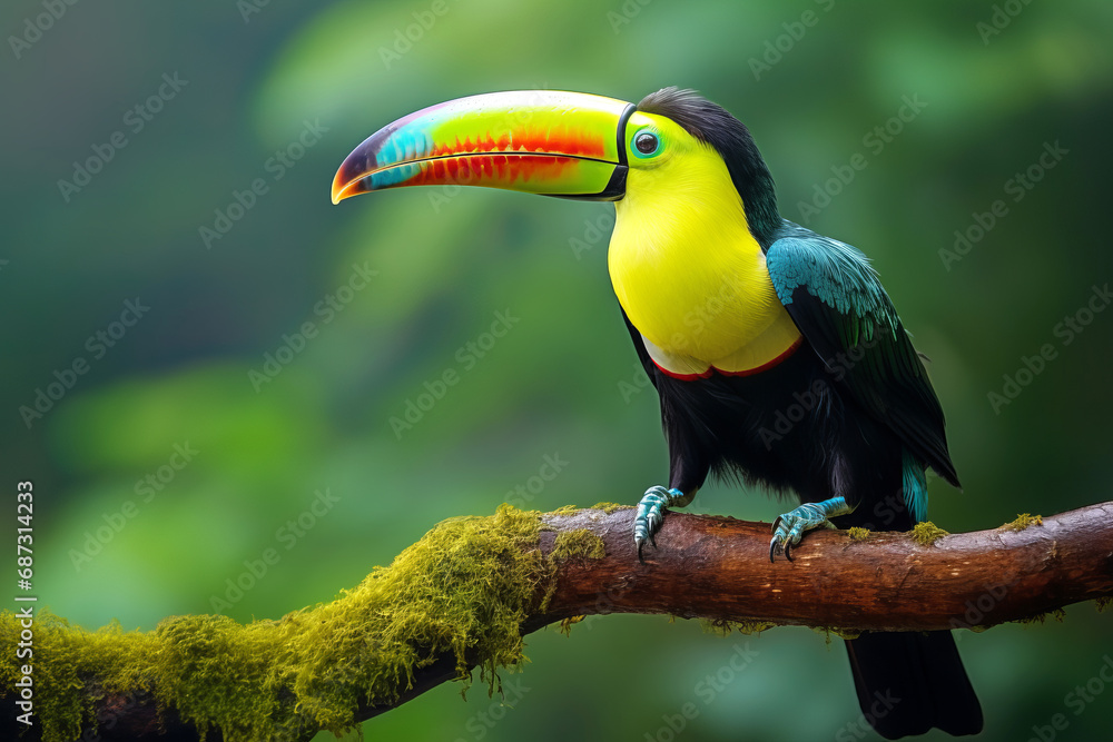 Fototapeta premium Keel Ramphastos Sulfuratus sitting on a branch in the jungle looking to the side.generative ai