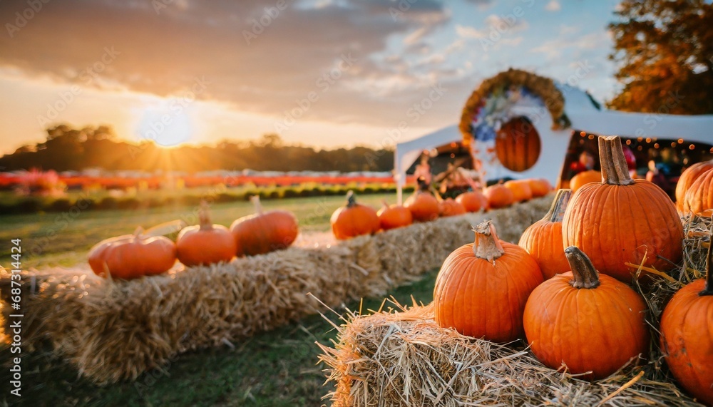 orange pumpkins sitting on hay bales at a fall festival during sunset