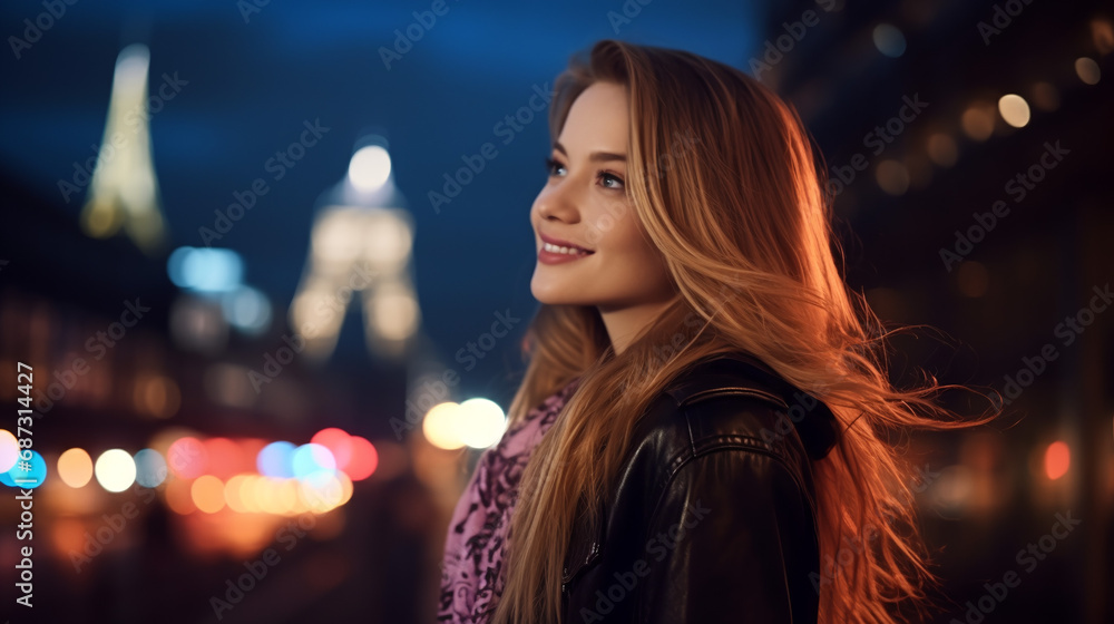 Portrait of young european fashionable female model, shot from the side, smiling, looking to the side, vibrant cityscape at night background