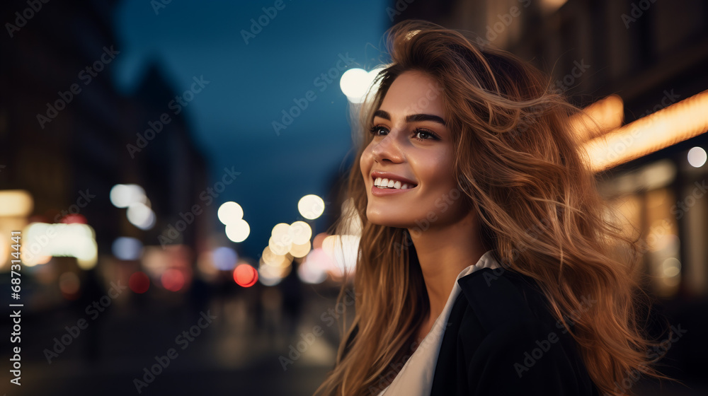 Portrait of young european fashionable female model, shot from the side, smiling, looking to the side, vibrant cityscape at night background Portrait of young european fashionable female model, shot from the side, smiling, looking to the side, vibrant cityscape at night background